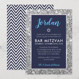 BAR MITZVAH cool tween navy blue silver invite