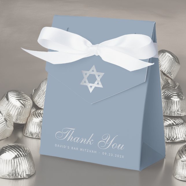 Bar Mitzvah Dusty Blue Faux Silver Star Thank You Favor Box (Creator Uploaded)