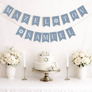 Bar Mitzvah Dusty Blue Mazel Tov 6 Letter Name Bunting Flags