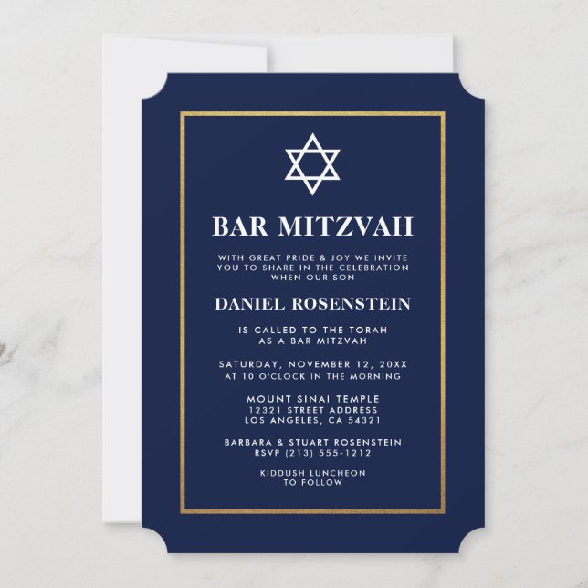 Bar Mitzvah Elegant Bleu et Gold Invitation (Devant)