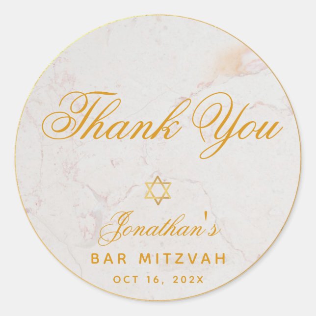 Bar Mitzvah Elegant Script Thank You Gold Marble Classic Round Sticker (Front)