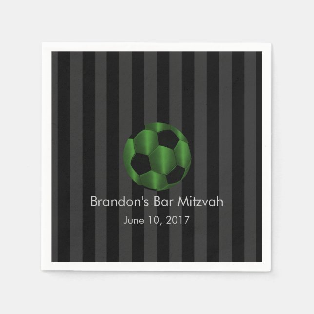 Bar Mitzvah Emerald Green and Black Soccer Ball Napkin (Front)