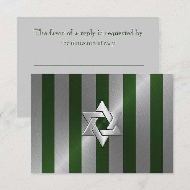 Bar Mitzvah Emerald Green and Silver Stripe RSVP Card (Front/Back)