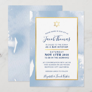 BAR MITZVAH étoile d'or invitation d'aquarelle ble