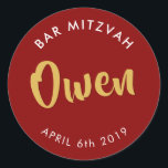 BAR MITZVAH favour modern burgundy red gold Classic Round Sticker<br><div class="desc">by kat massard
Sticker seal for your child's Bar Mitzvah - use as envelope seals or favours to dress up the reception.</div>