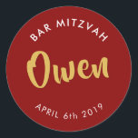 BAR MITZVAH favour modern burgundy red gold Classic Round Sticker<br><div class="desc">by kat massard
Sticker seal for your child's Bar Mitzvah - use as envelope seals or favours to dress up the reception.</div>