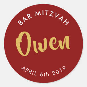BAR MITZVAH favour modern burgundy red gold Classic Round Sticker