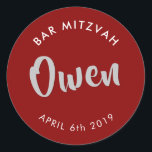 BAR MITZVAH favour modern burgundy red silver Classic Round Sticker<br><div class="desc">by kat massard
Sticker seal for your child's Bar Mitzvah - use as envelope seals or favours to dress up the reception.</div>