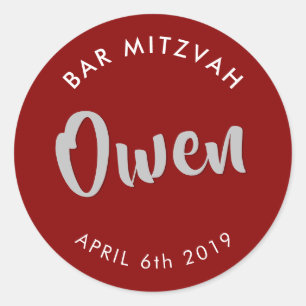 BAR MITZVAH favour modern burgundy red silver Classic Round Sticker