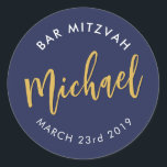 BAR MITZVAH favour modern navy gold calligraphy Classic Round Sticker<br><div class="desc">by kat massard
Sticker seal for your child's Bar / Bat Mitzvah - use as envelope seals or favours to dress up the reception.</div>