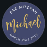 BAR MITZVAH favour modern navy gold calligraphy Classic Round Sticker<br><div class="desc">by kat massard
Sticker seal for your child's Bar / Bat Mitzvah - use as envelope seals or favours to dress up the reception.</div>