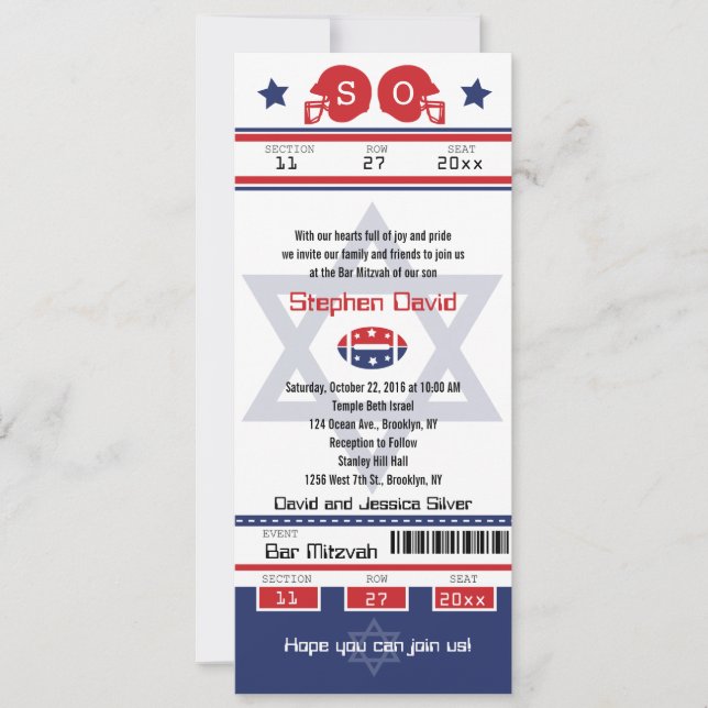 Bar Mitzvah Football Ticket Invitation (Front)