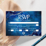 Bar Mitzvah Galaxy Blue Agate Watercolor Script RSVP Card<br><div class="desc">Be proud, rejoice and celebrate this milestone of your favourite Bar Mitzvah with this cool, unique, modern, personalized RSVP insert card for your event! White script typography and Star of David overlay a deep blue galaxy watercolor background with navy blue agate accented with faux silver veins. Personalize the custom text...</div>