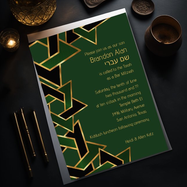 Bar Mitzvah Gold Green Black Star of David Invitation (Creator Uploaded)