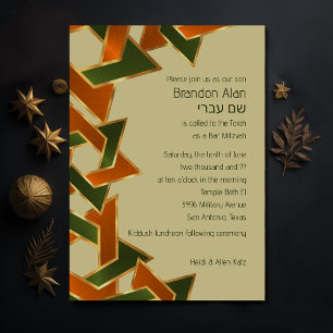 Bar Mitzvah Gold Green Orange Star of David Invitation