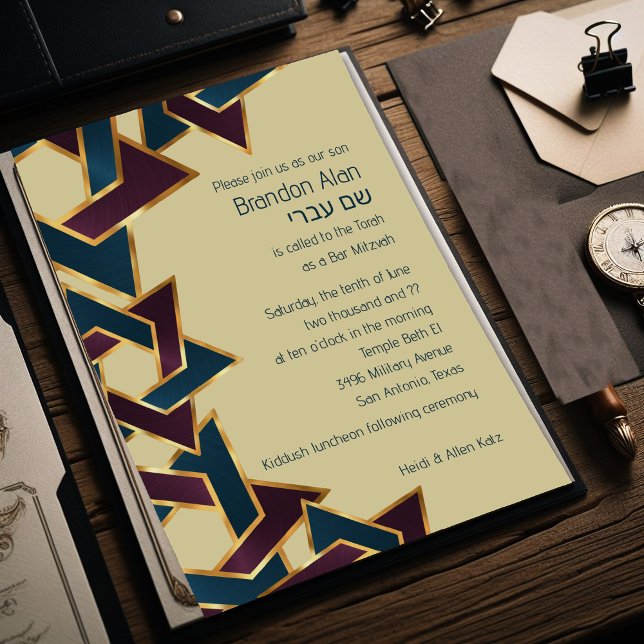 Bar Mitzvah Gold Purple Blue Star of David Invitation (Creator Uploaded)