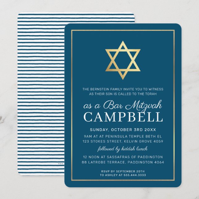 BAR MITZVAH gold star simple modern blue white Invitation (Front/Back)