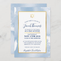 BAR MITZVAH gold star smart blue watercolor invite