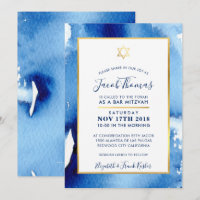 BAR MITZVAH gold star smart blue watercolor invite