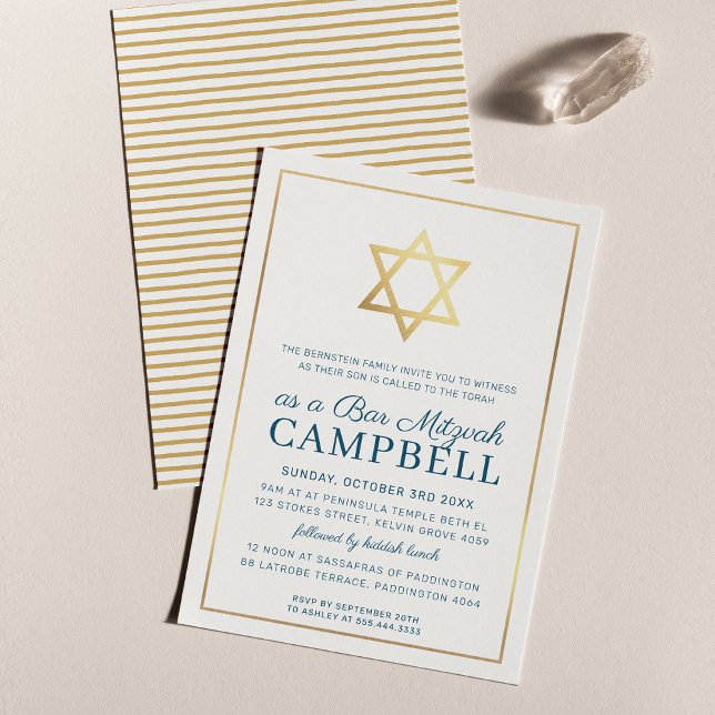 BAR MITZVAH gold star tradtional modern dark blue Invitation (Creator Uploaded)