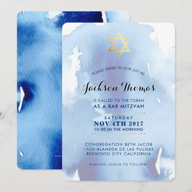 BAR MITZVAH gold stylish blue watercolor invite (Front/Back)
