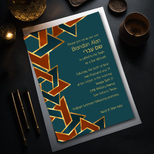 Bar Mitzvah Gold Teal Blue Rust Star of David Invitation