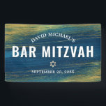 Bar Mitzvah Gold Turquoise Bold Modern Typography  Banner<br><div class="desc">Be proud, rejoice and showcase this milestone of your favourite Bar Mitzvah! Hang up this cool, unique, modern, personalized banner to add to his special day. Metallic gold foil brush strokes and Star of David, along with bold, white typography, overlay a rich, turquoise blue ombre paint background. Personalize the custom...</div>