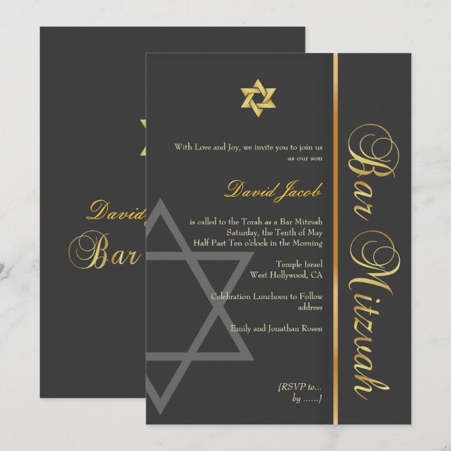 BAR MITZVAH GRAPHITE/GOLD/DIY COLOR INVITATION (Front/Back)
