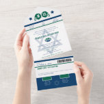 Bar Mitzvah Green Blue Football Sports Ticket All In One Invitation<br><div class="desc">Bar Mitzvah Green and Navy Blue Football Sports Ticket All in One Invitation. This all in one invitation features a sports ticket design with Star of David, football helmets and football. Tear of for your RSVP. Red and Blue Football Two football helmets for your initial and age and centred is...</div>