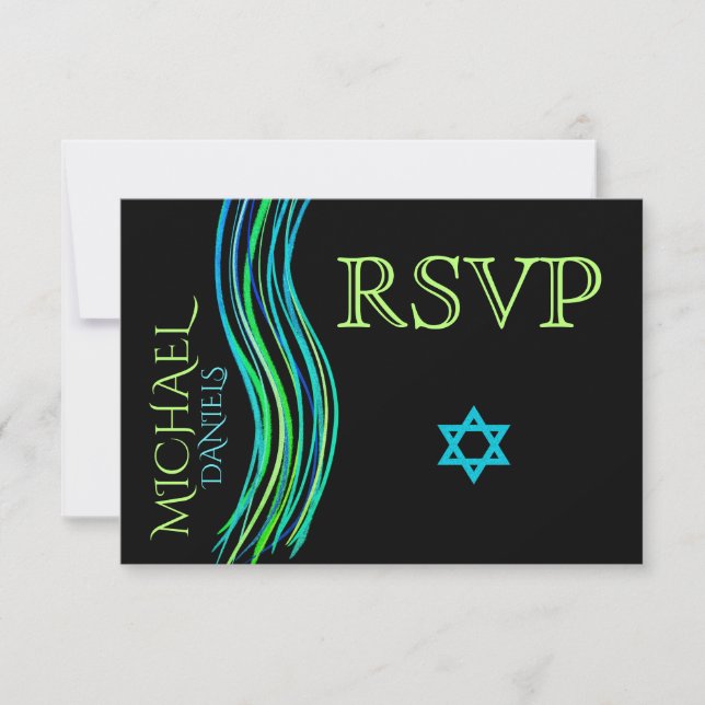 Bar Mitzvah Green Prayer Shawl RSVP Card (Front)