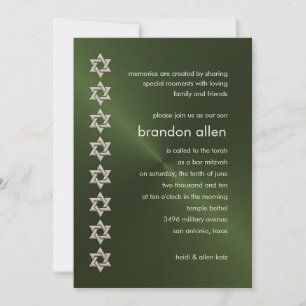 Bar Mitzvah Green Sheen Silver Stars of David Invitation