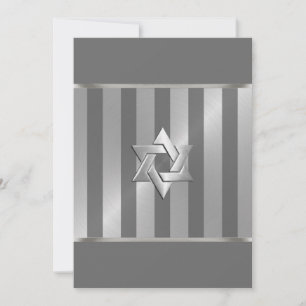Bar Mitzvah Grey and Silver Stripe Star of David Invitation