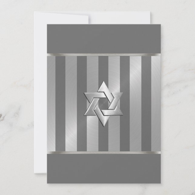 Bar Mitzvah Grey and Silver Stripe Star of David Invitation (Front)