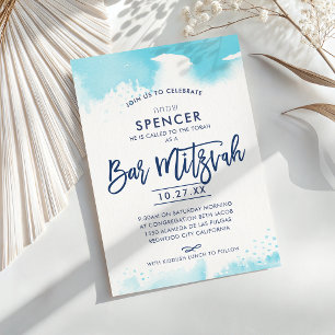 BAR MITZVAH hand lettered aqua watercolor hebrew Invitation