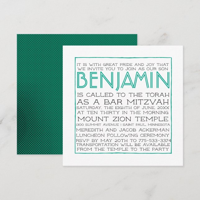 Bar Mitzvah Invitation - 2018 Pantone Arcadia (Front/Back)