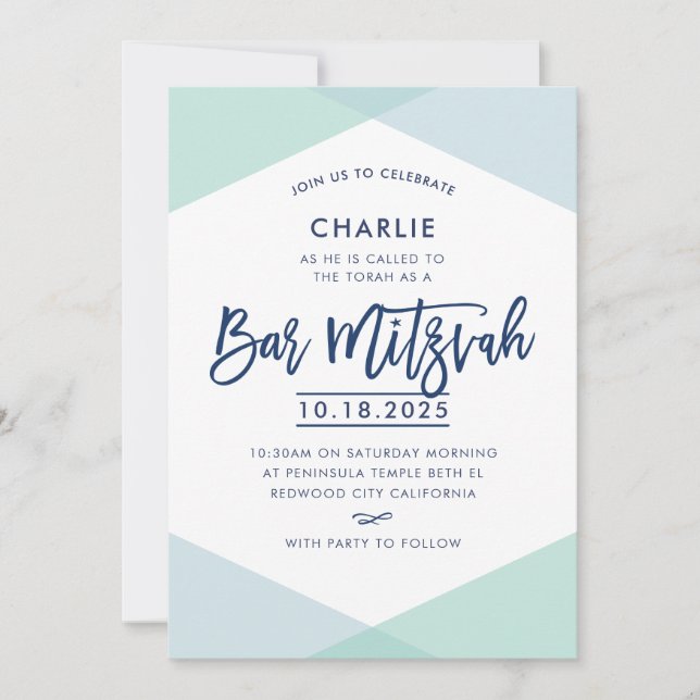 BAR MITZVAH INVITATION à la main lettré marine ble (Devant)