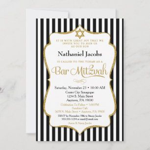 Bar Mitzvah Invitation Black Gold Elegant Stripe