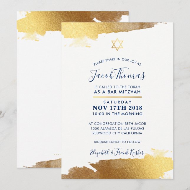 BAR MITZVAH INVITATION doré moderne doré marine bl (Devant / Derrière)
