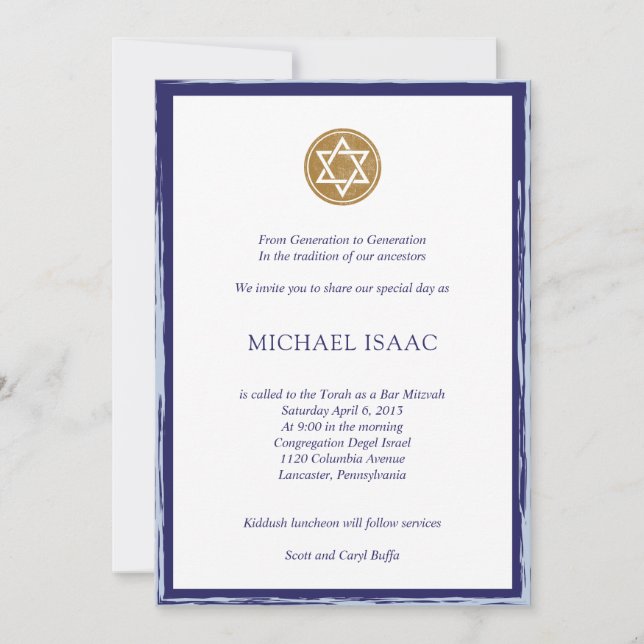 Bar Mitzvah Invitation étoile bleue et or (Devant)