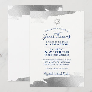 BAR MITZVAH INVITATION moderne doré argent marine 