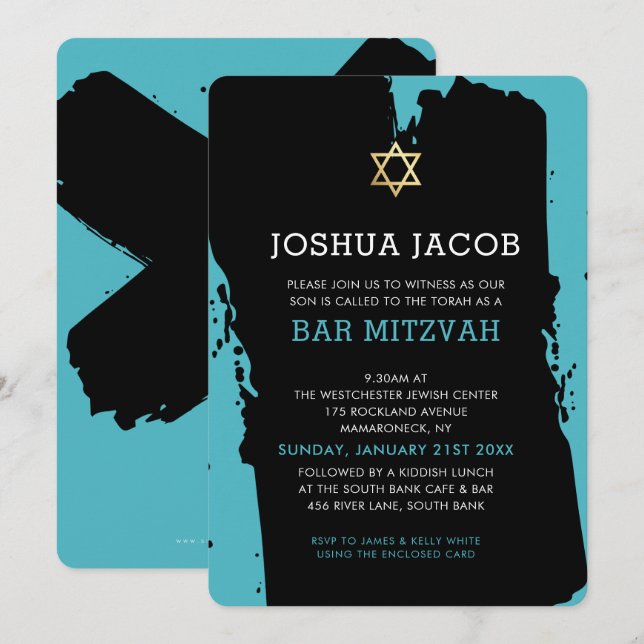 BAR MITZVAH INVITATION moderne grunge bleu turquoi (Devant / Derrière)