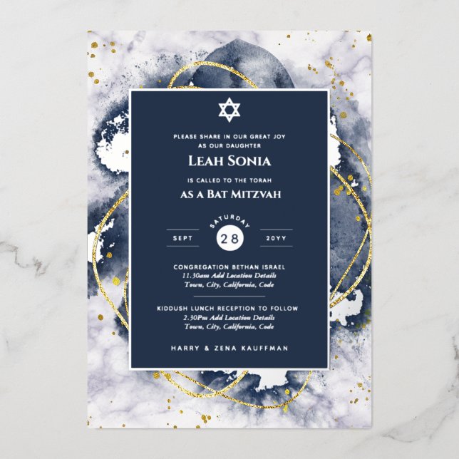 Bar Mitzvah Invitation Real Foil Agate Gold Blue (Front)
