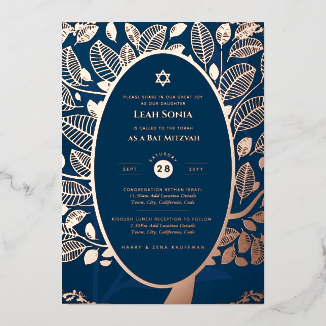 Bar Mitzvah Invitation REAL FOIL Tree of Life Gold (Front)