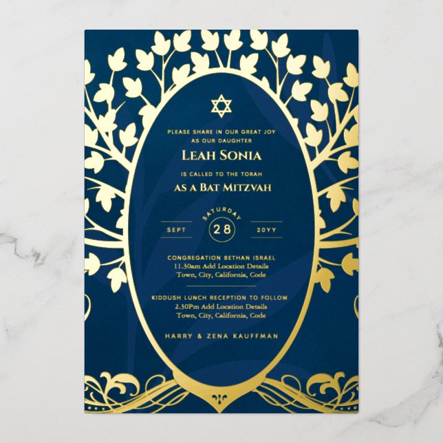 Bar Mitzvah Invitation REAL FOIL Tree of Life Gold (Front)