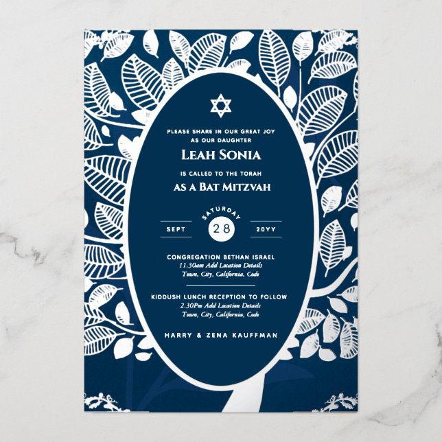 Bar Mitzvah Invitation REAL FOIL Tree of Life Gold (Front)