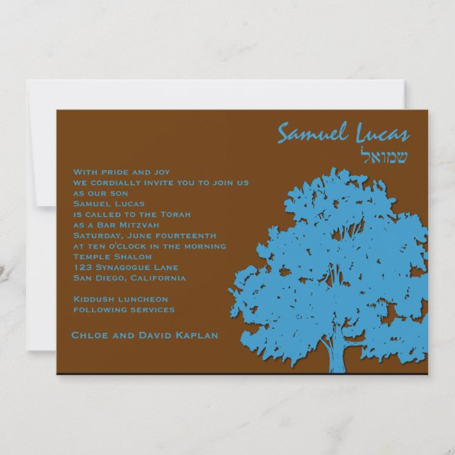 Bar Mitzvah Invitation Samuel Lucas Blue Trees (Front)