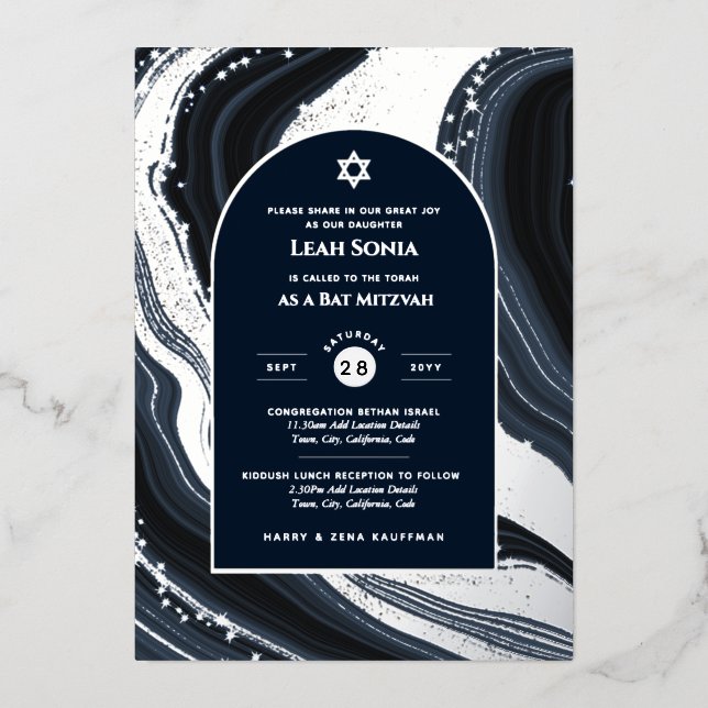 Bar Mitzvah Invitation Véritable huile Agate Or Bl (Recto)