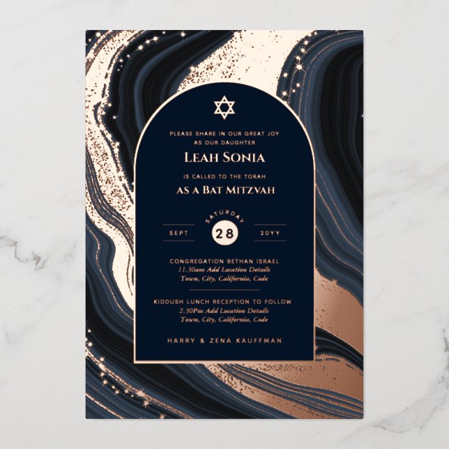 Bar Mitzvah Invitation Véritable huile Agate Or Bl (Recto)