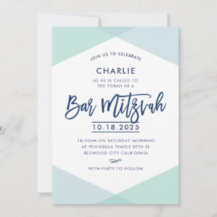BAR MITZVAH INVITE hand lettered navy blue mint