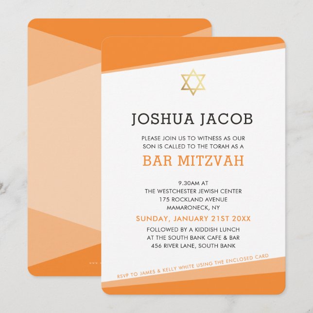 BAR MITZVAH INVITE simple modern bold orange (Front/Back)